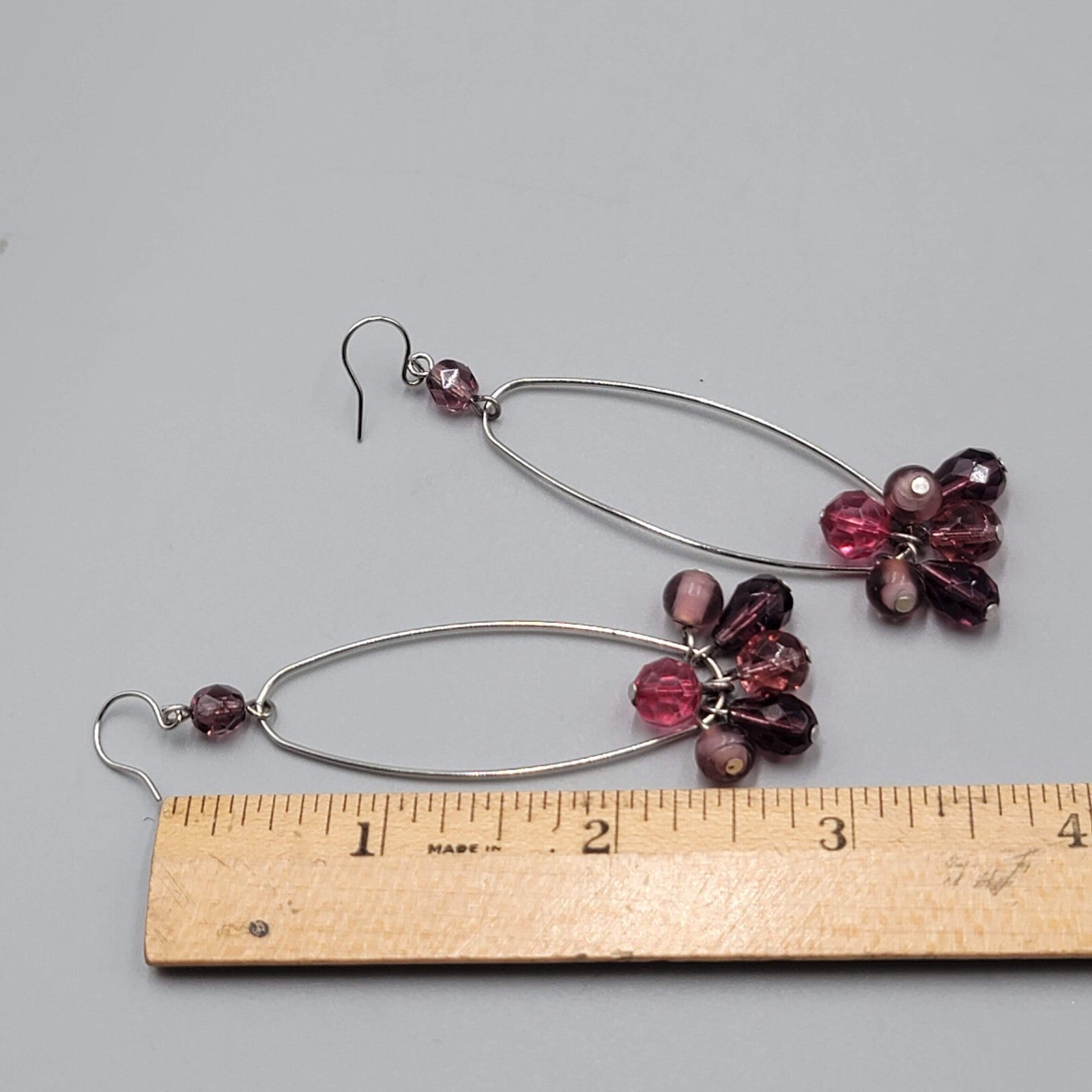 Purple Bead Long Hoop Pierced Earrings Silver tone Dangle 2.25"