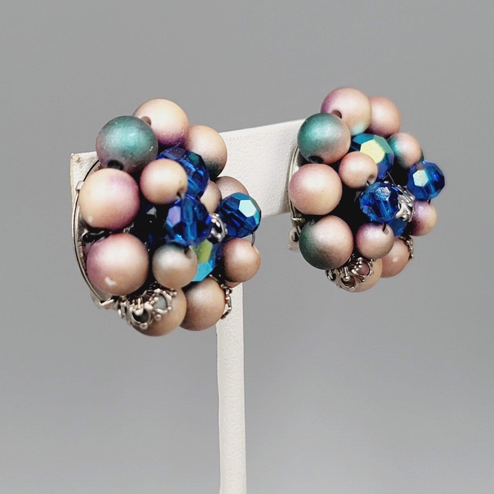 Vintage Blue Tan Cluster Bead Clip on Earrings Silver tone Filigree 1.25 in