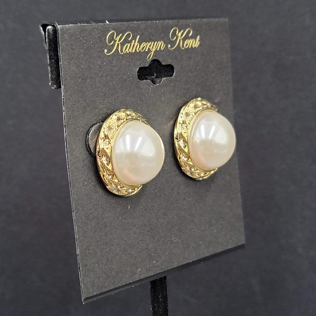 Katheryn Kent Pierced Earrings Gold tone Domed White Studs NOS 3/4"