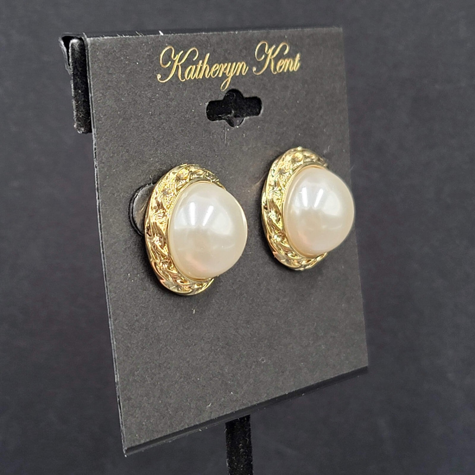 Katheryn Kent Pierced Earrings Gold tone Domed White Studs NOS 3/4"