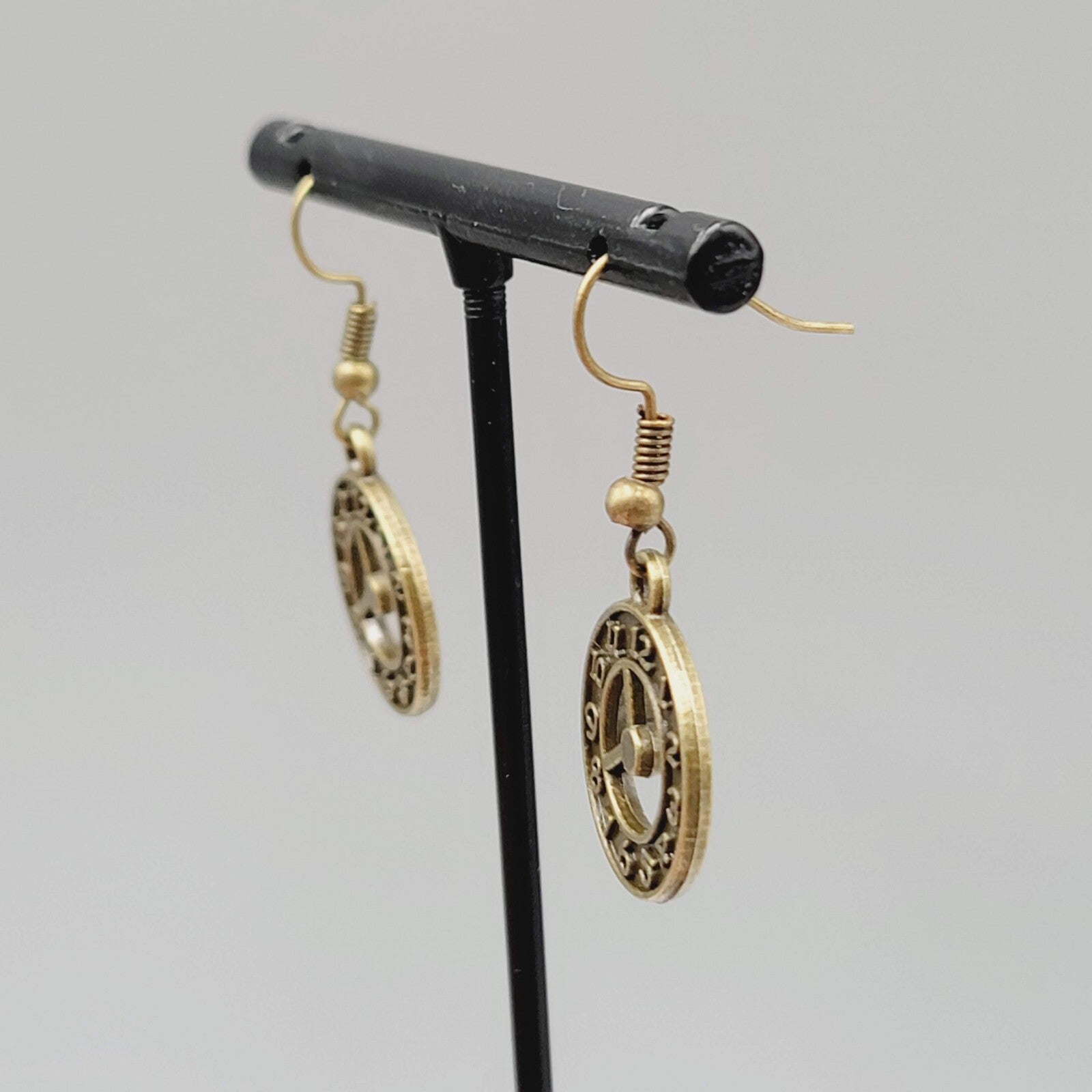 Clock Pierced Earrings Bronze tone Open Work Embossed Dangle New 7/8"