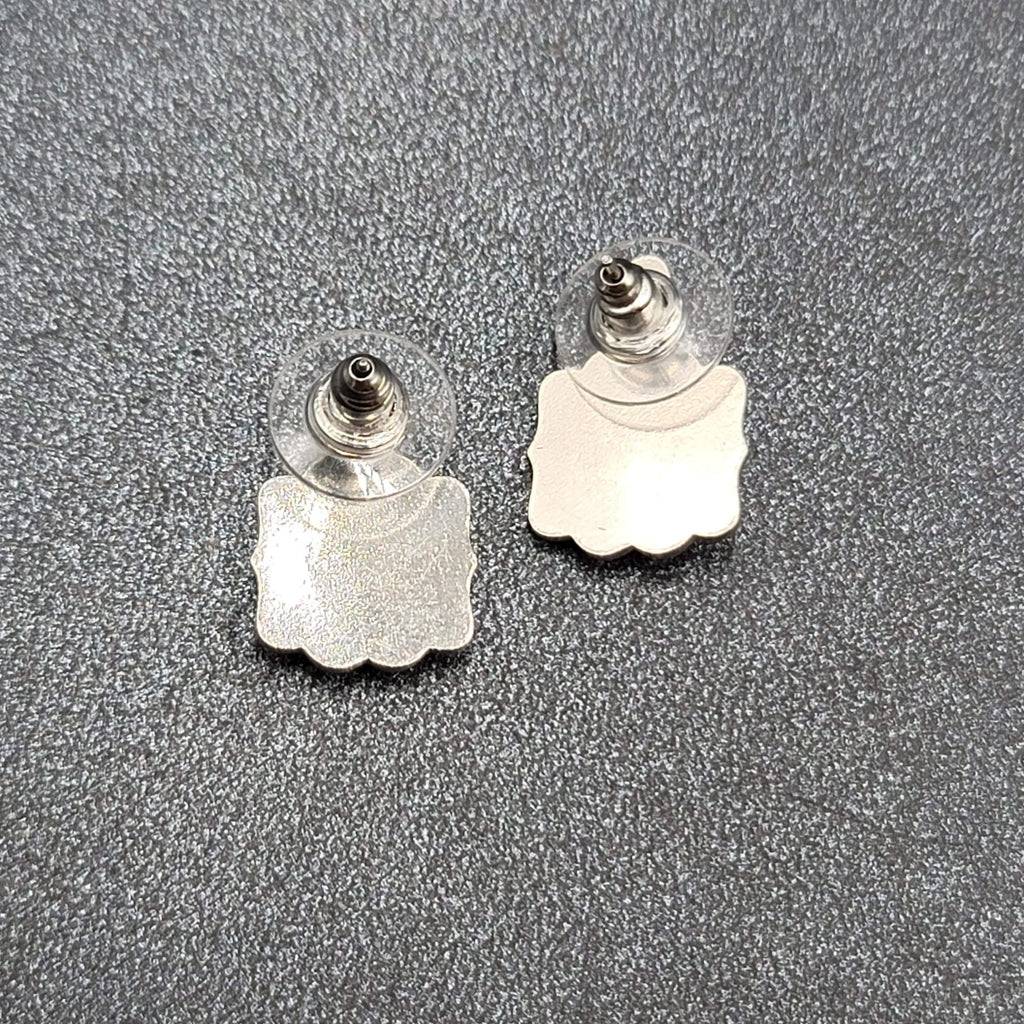 Pierced Earrings Silver tone Black Embossed Crystal Studs So Pretty! 5/8"