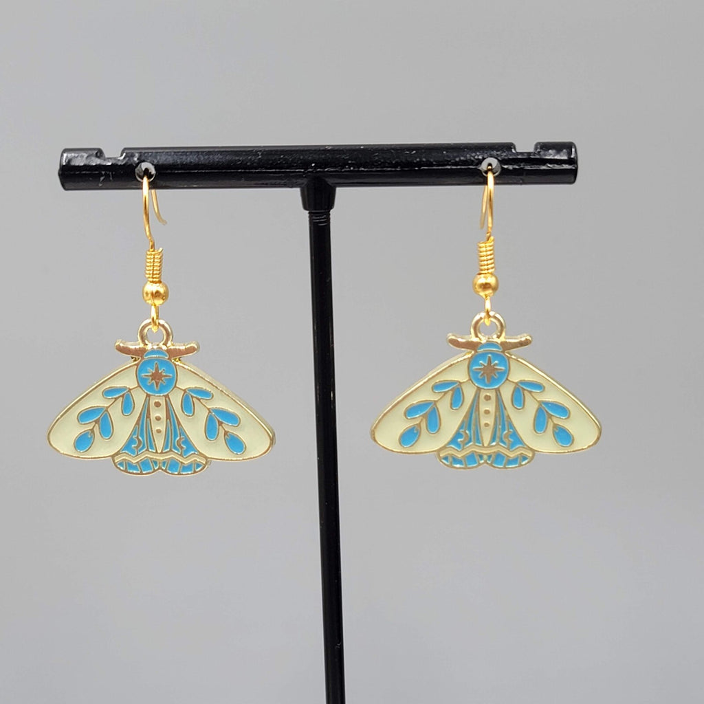 Moth Pierced Earrings Gold tone Yellow Blue Enamel Dangle 3/4"