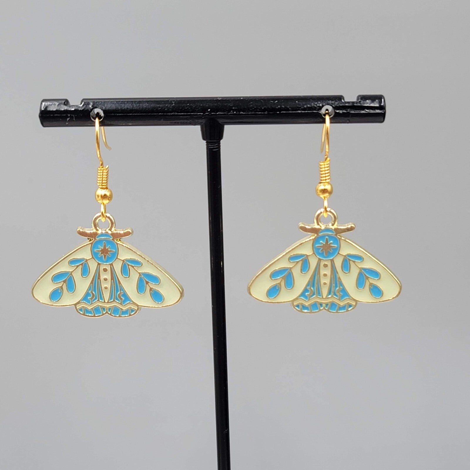 Moth Pierced Earrings Gold tone Yellow Blue Enamel Dangle 3/4"
