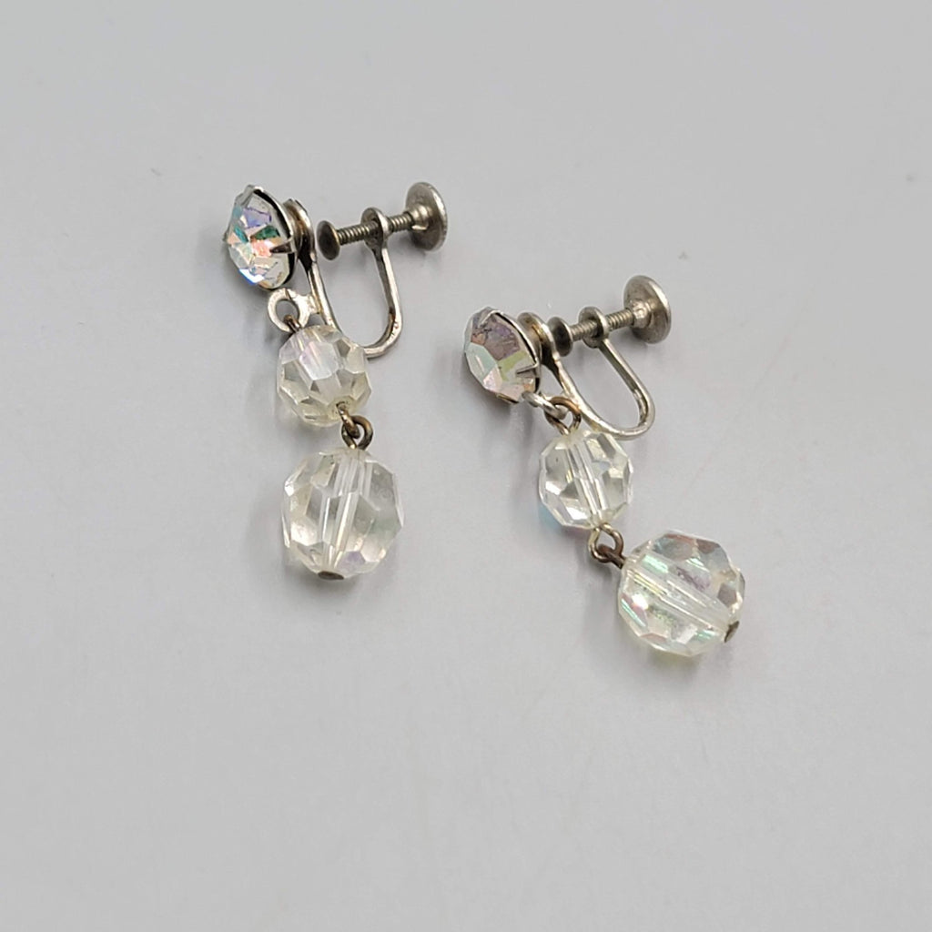 Vintage AB Beads  Clip on Earrings Silver tone Dangle  1.5"