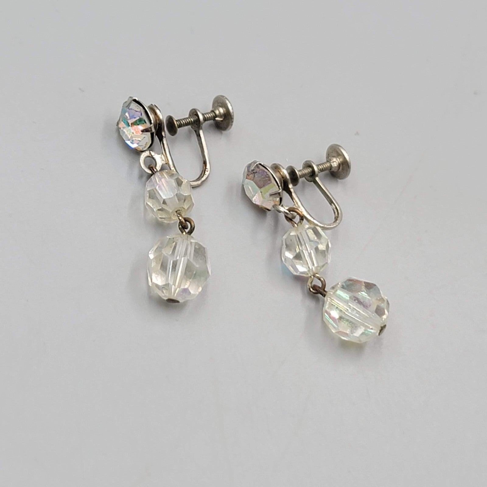Vintage AB Beads  Clip on Earrings Silver tone Dangle  1.5"