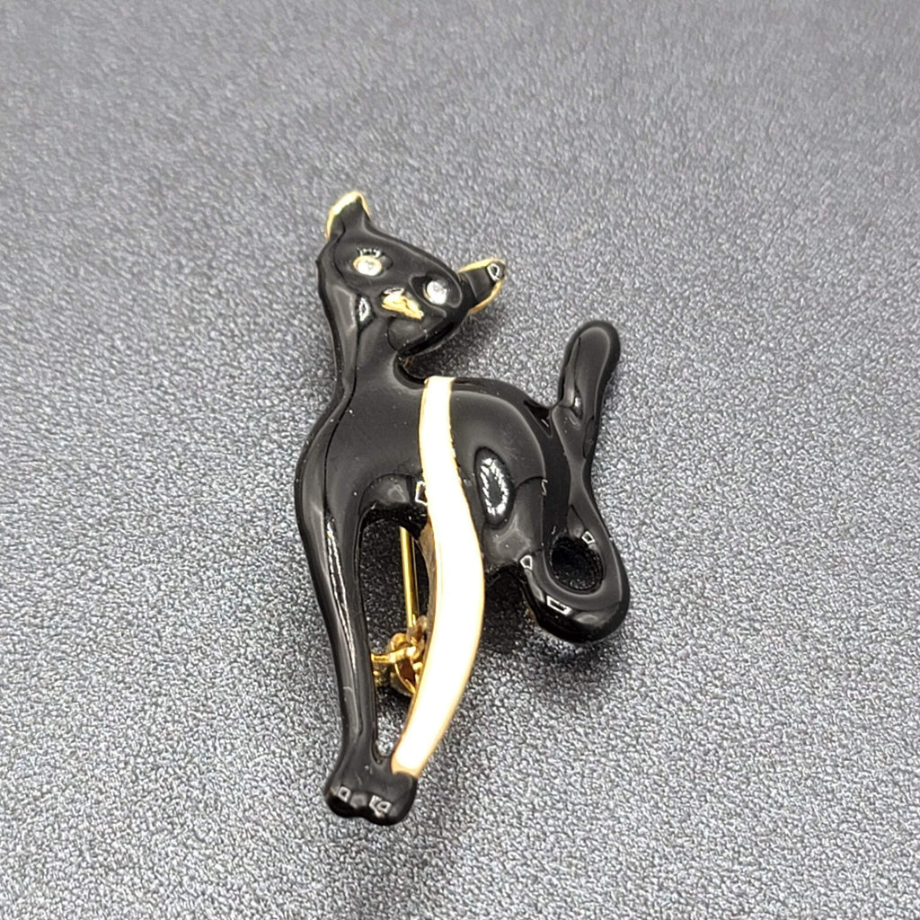 Vintage Black Cat Brooch Enamel Rhinestone Eyes 2.25"