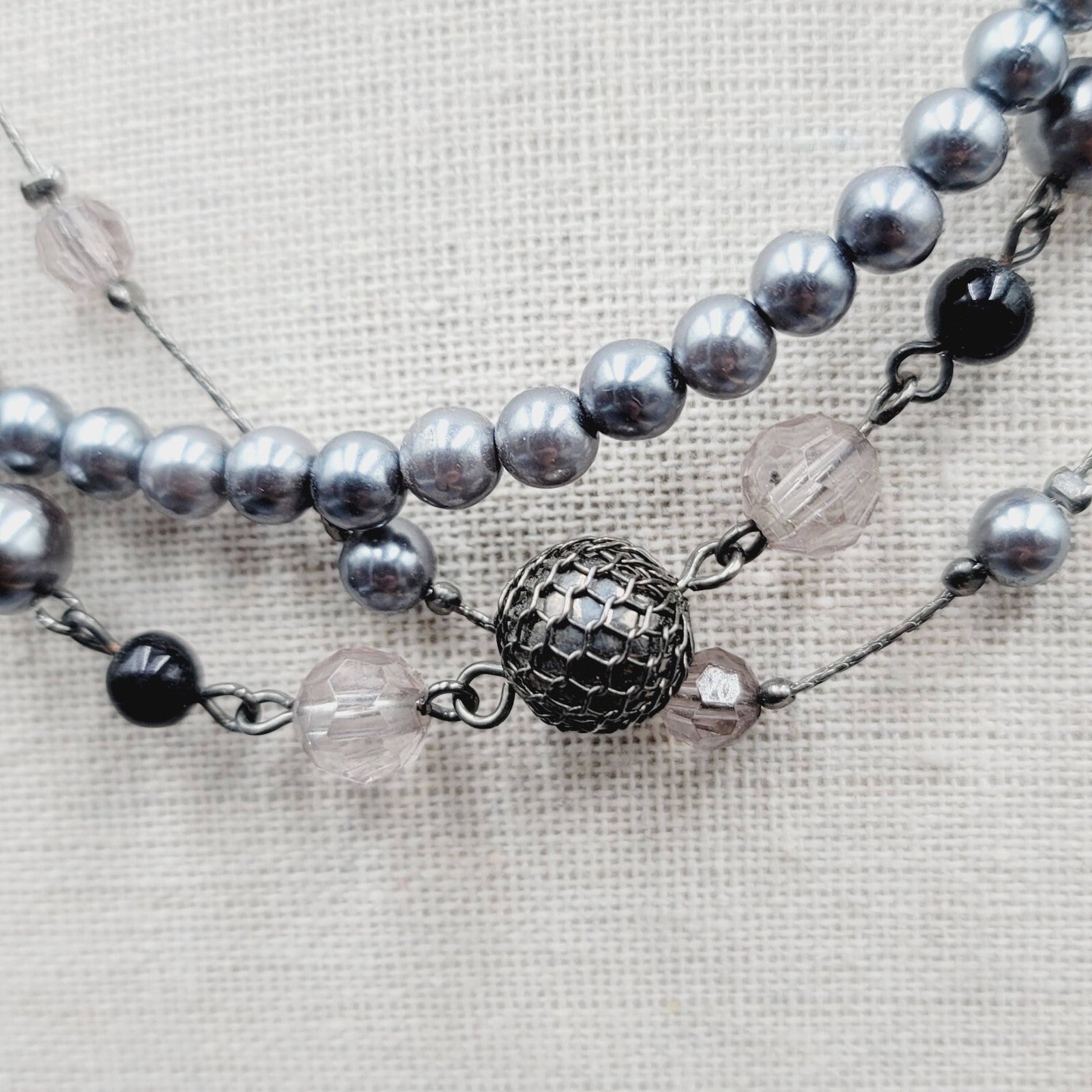 Triple Strand Black Chain Gray Bead Necklace 16"