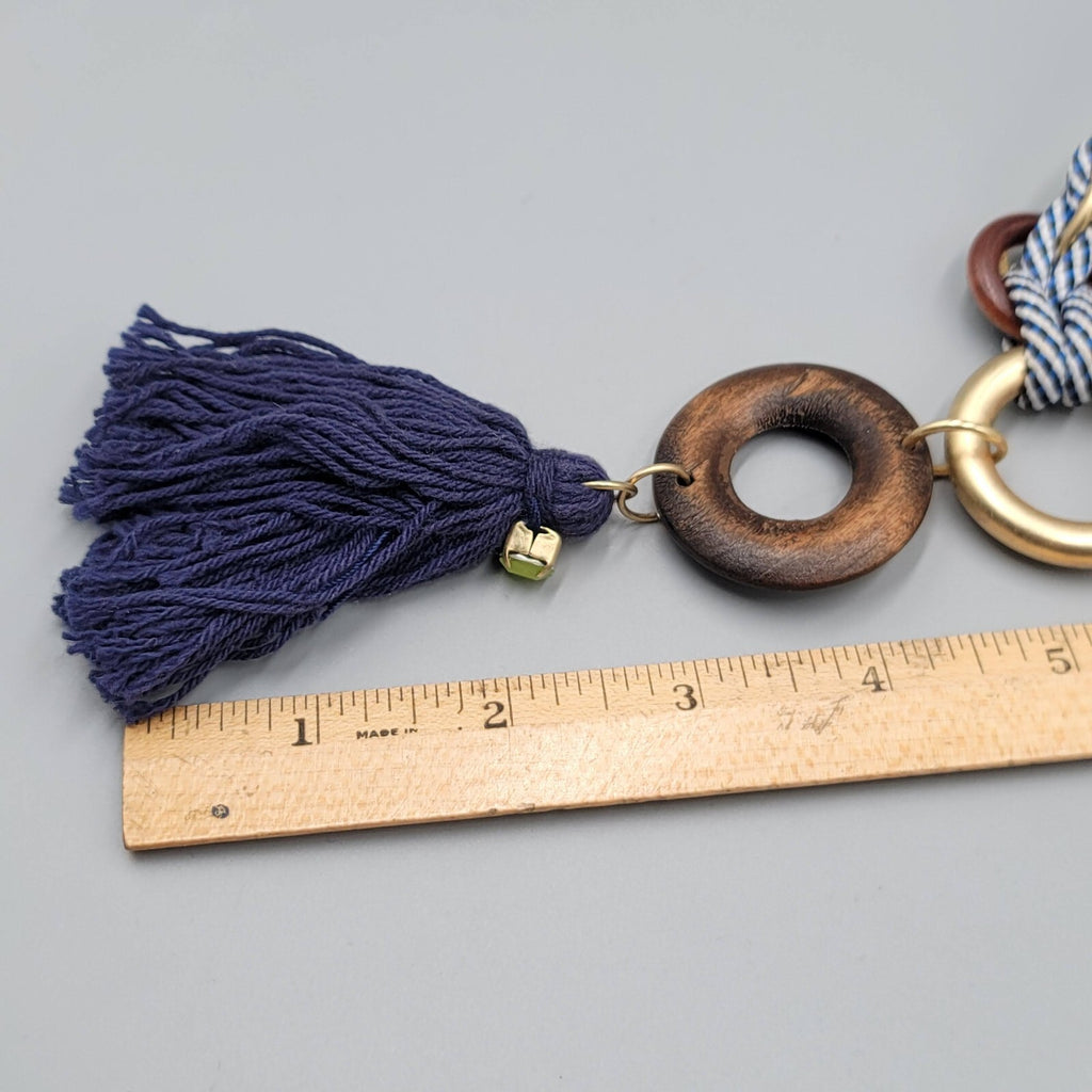 Blue White Statement Nautical Theme Necklace Tassel Gold tone 32"