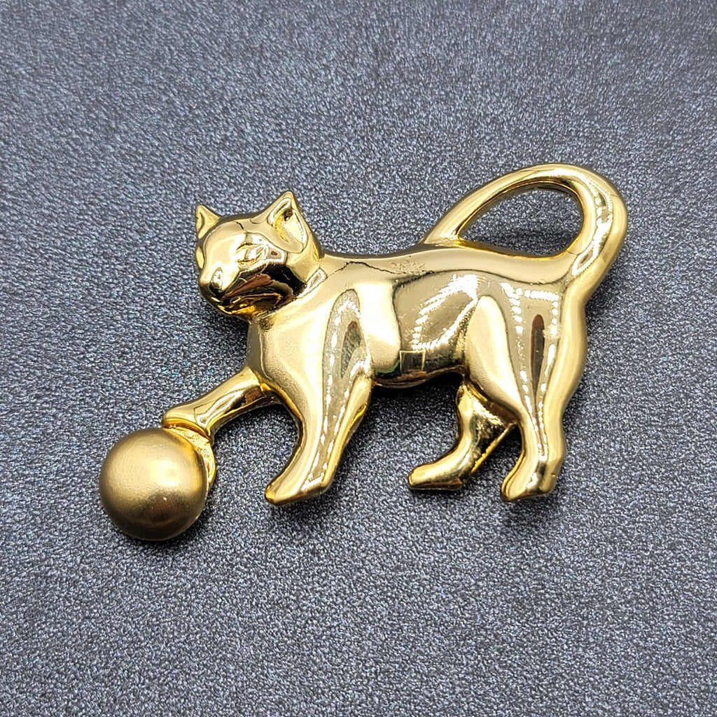 Vintage Brooch Gold Plated Cat Kitty Playing with Ball Polished 2.5"