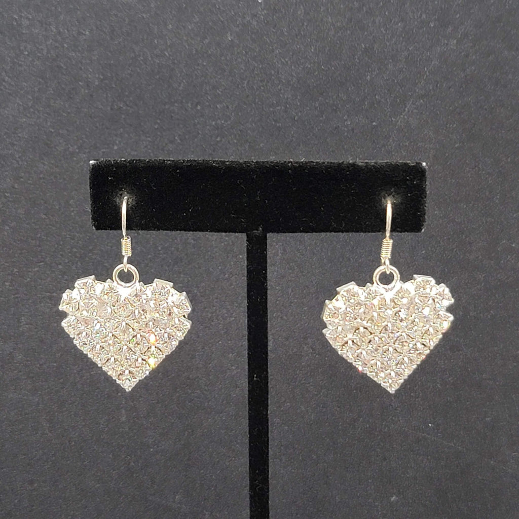 Vintage Pierced Earrings Silver tone Rhinestone Studded Dangle Heart 1"