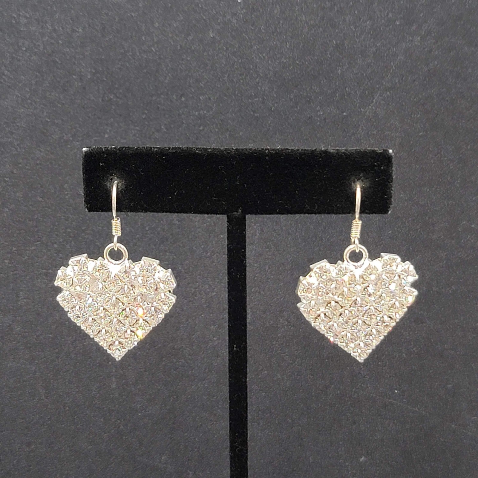 Vintage Pierced Earrings Silver tone Rhinestone Studded Dangle Heart 1"