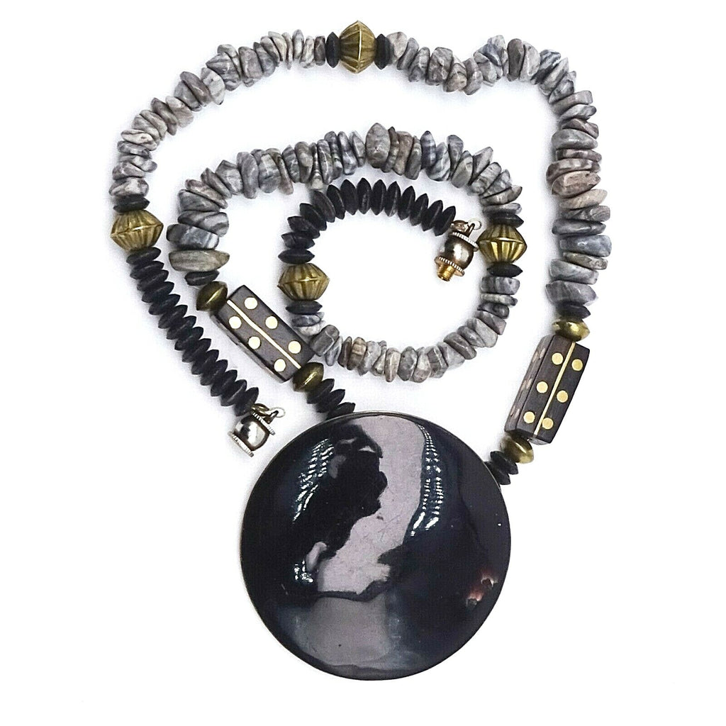 Boho Ethnic Necklace Gray Stone Beads Enamel Brass Inlay Pendant 24"