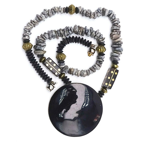 Boho Ethnic Necklace Gray Stone Beads Enamel Brass Inlay Pendant 24"