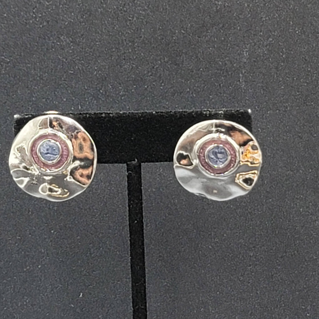 Vintage Clip on Earrings Polished Silver Plated Purple Enamel Round 1"