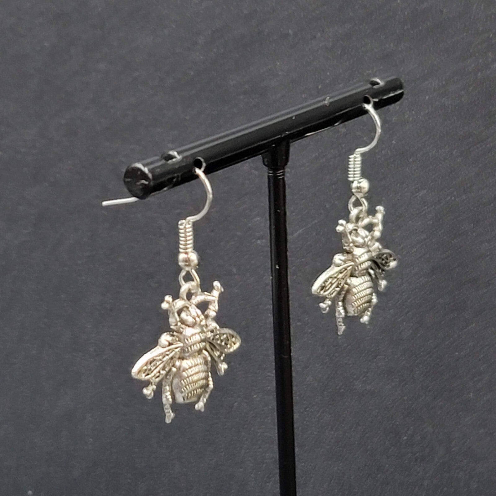 Bee Pierced Earrings Silver tone Fuzzy Embossed Dangle 7/8"