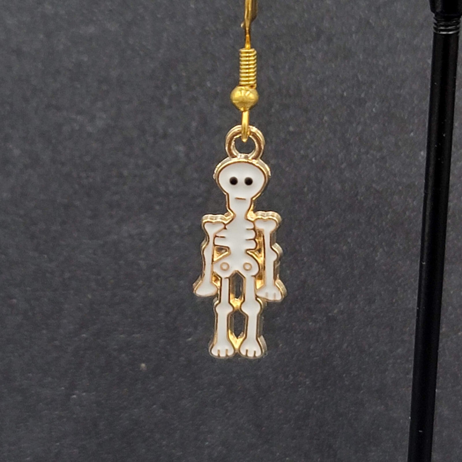 Halloween Skeleton Pierced Earrings Gold tone White Enamel Dangle 1"