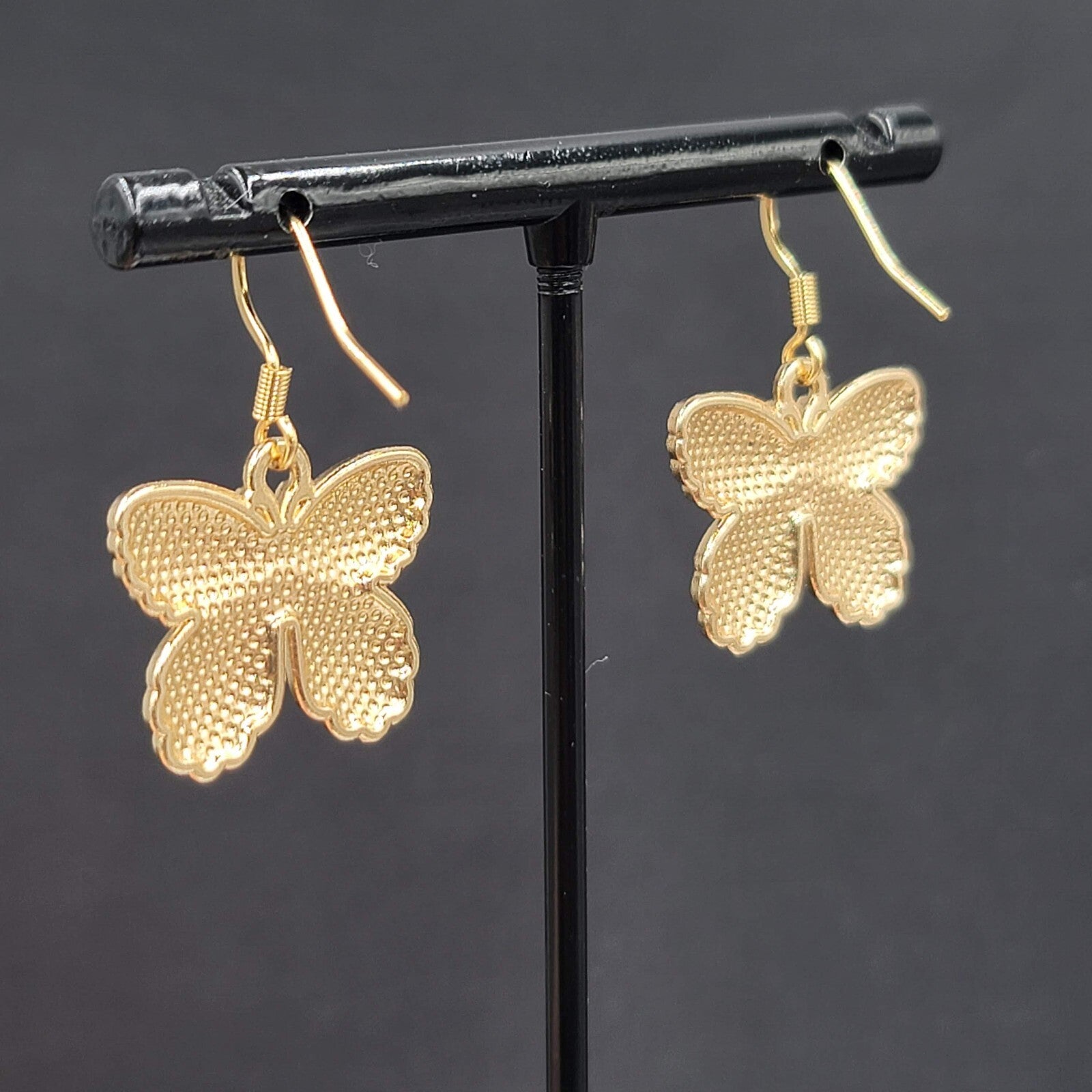 Moth Pink Enamel Pierced Earrings Gold tone Dangle Butterfly 3/4"