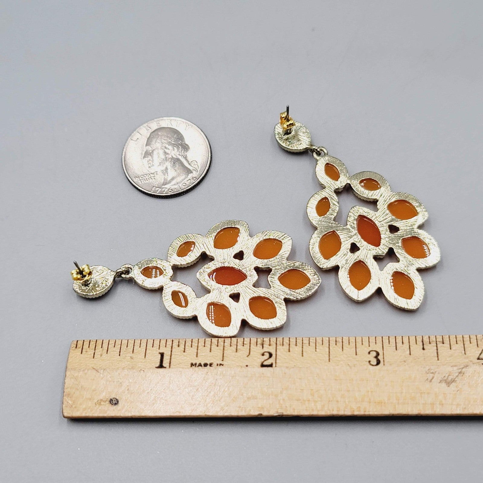 Statement Dangle Pierced Earrings Gold Tone Faceted Orange Bold Costume 2.5"