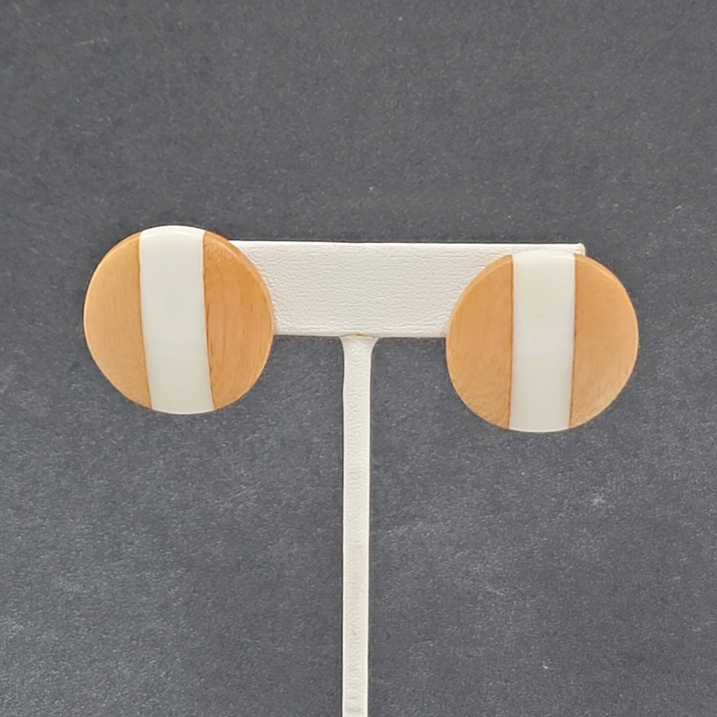 Pierced Earrings Wood White Resin Stripe Round 1 1/8"