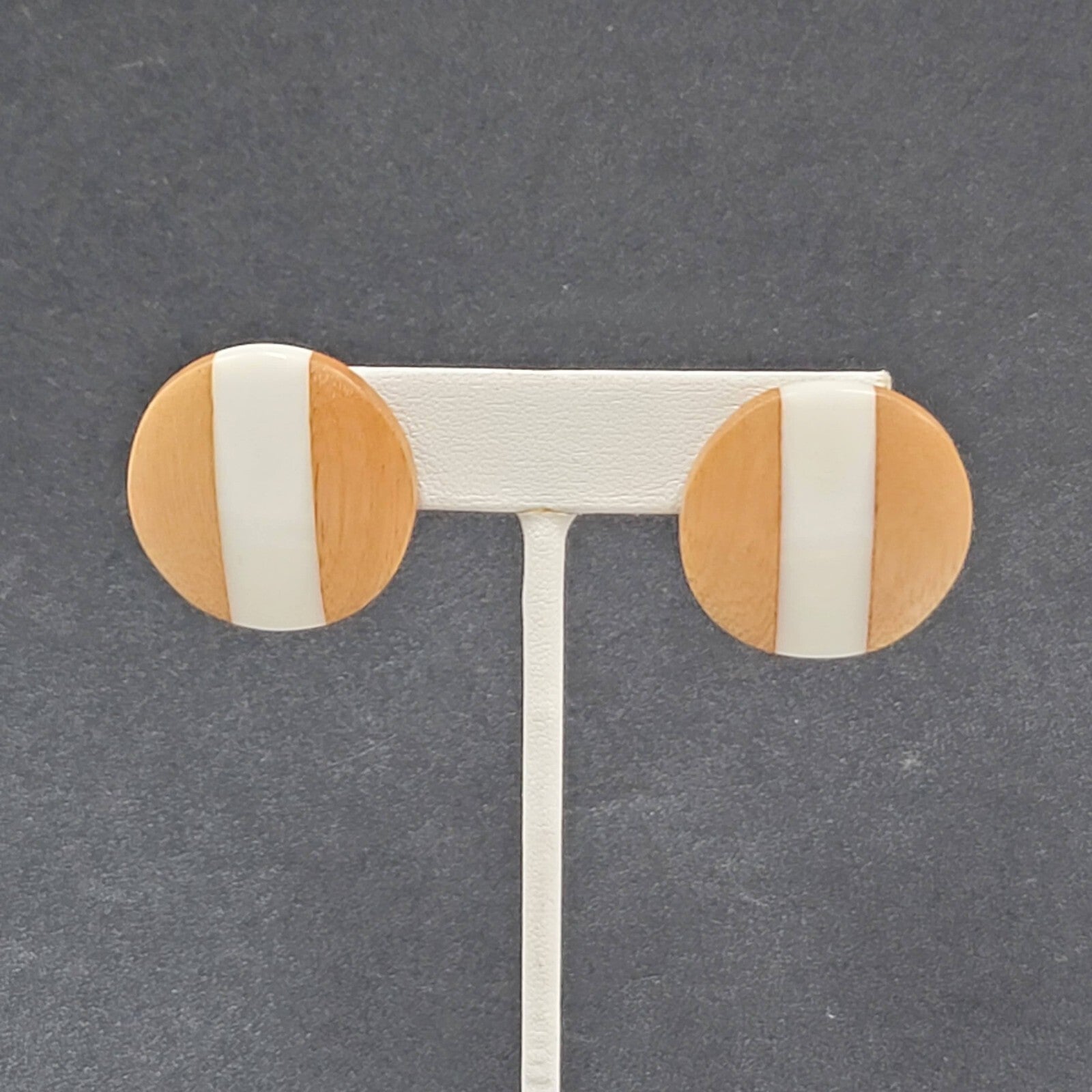 Pierced Earrings Wood White Resin Stripe Round 1 1/8"