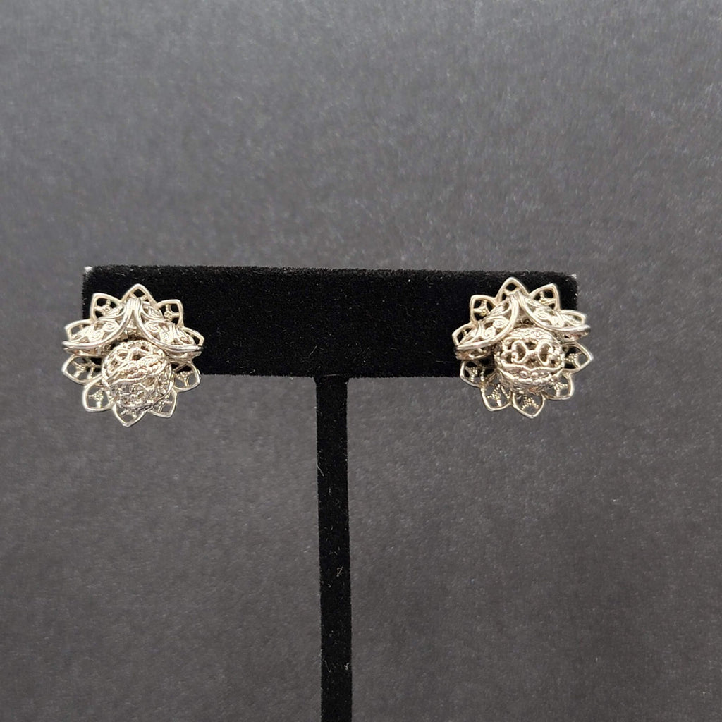Vintage Clip on Earrings Silver tone Filigree Flower Studs 3/4"