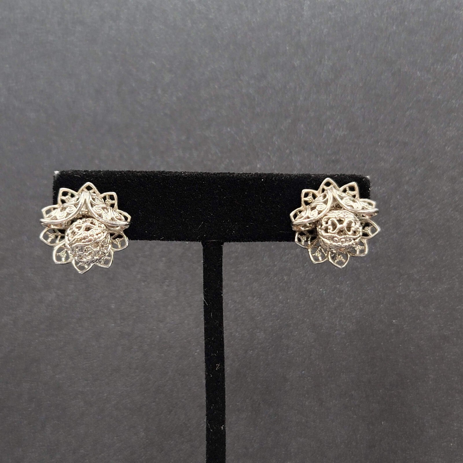 Vintage Clip on Earrings Silver tone Filigree Flower Studs 3/4"
