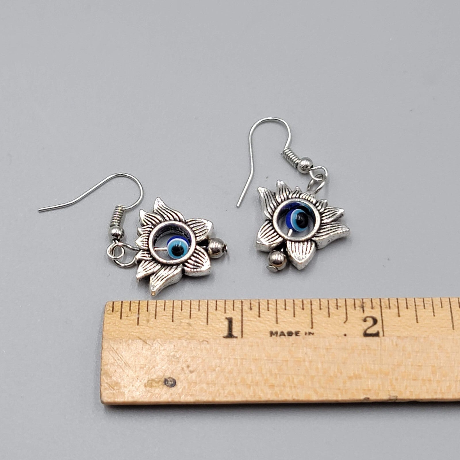 Lotus Flower Evil Eye Pierced Earrings Silver tone Blue Bead Dangle 3/4"