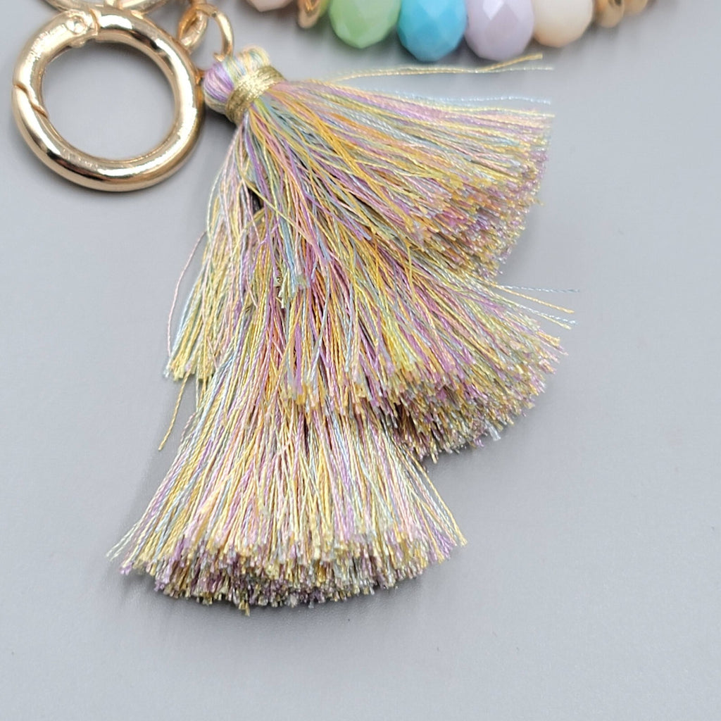 Pastel Color Faceted Glass Bead Bangle Bracelet Wristlet Key Rings Keychain