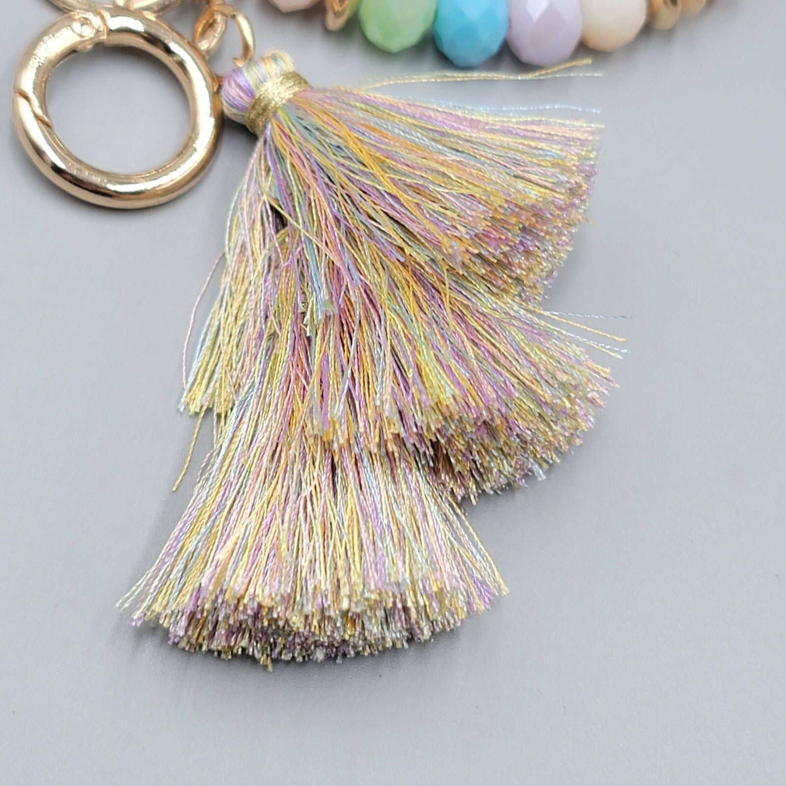 Pastel Color Faceted Glass Bead Bangle Bracelet Wristlet Key Rings Keychain