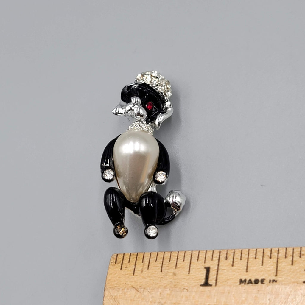Vintage Poodle Dog Brooch Rhinestone Black White Silver tone 1.5"