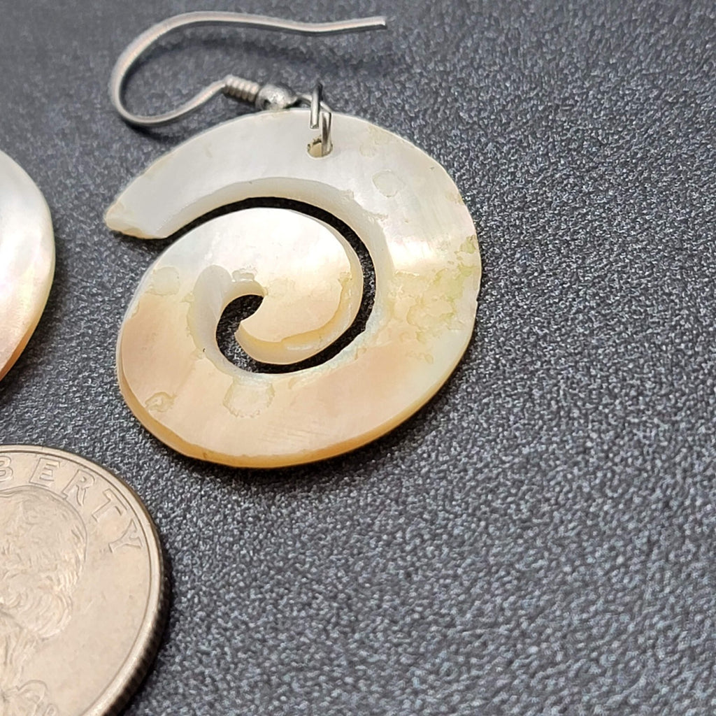 Pierced Earrings Silver tone Mother of Pearl Hand Carved Spirals  1.25"