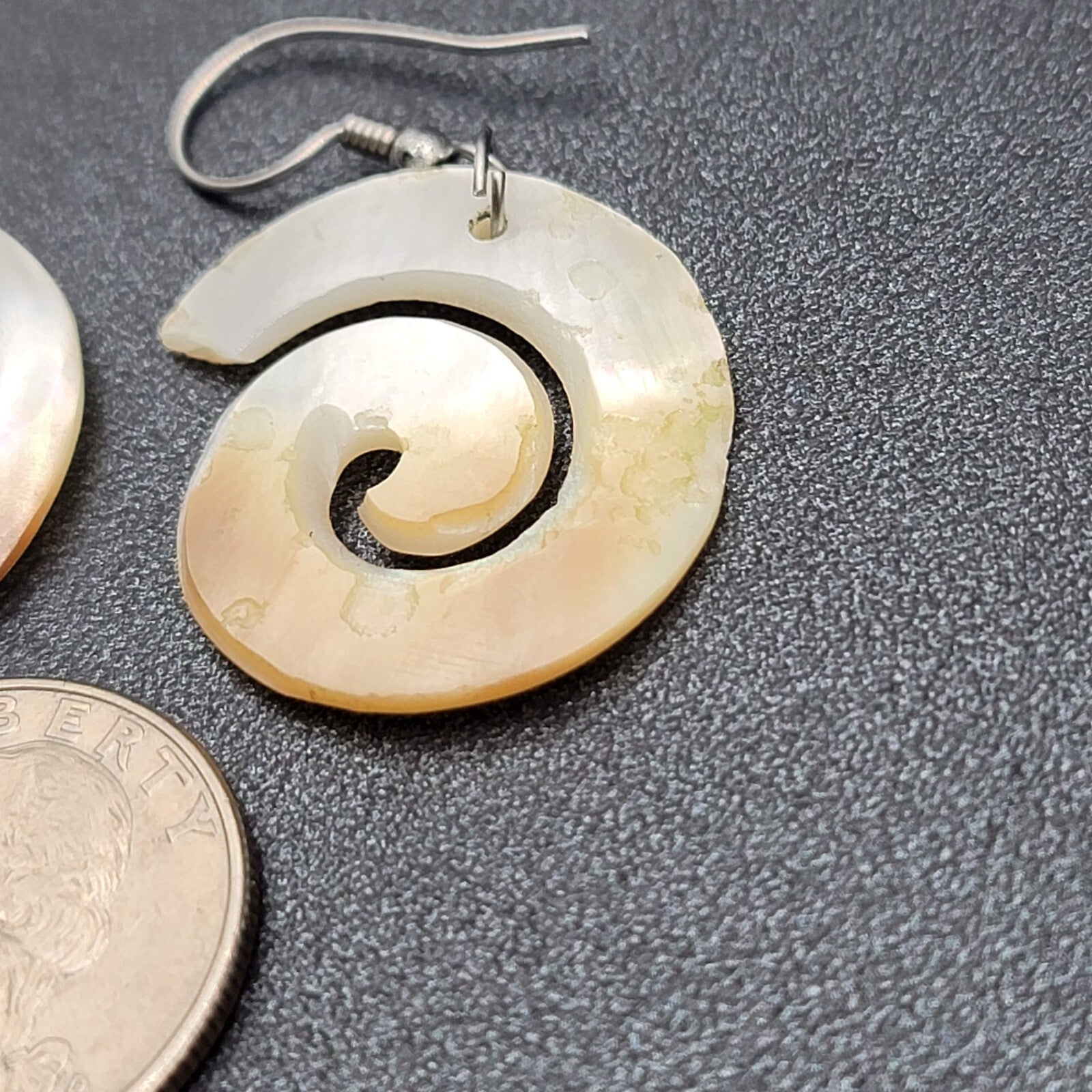 Pierced Earrings Silver tone Mother of Pearl Hand Carved Spirals  1.25"