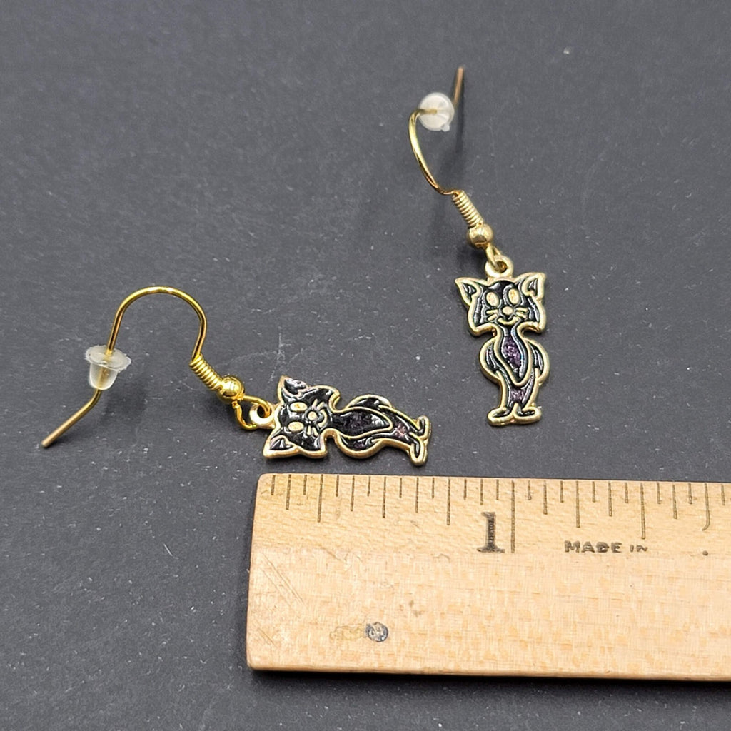 Cat Pierced Earrings Gold tone Black Enamel Dangle 3/4"