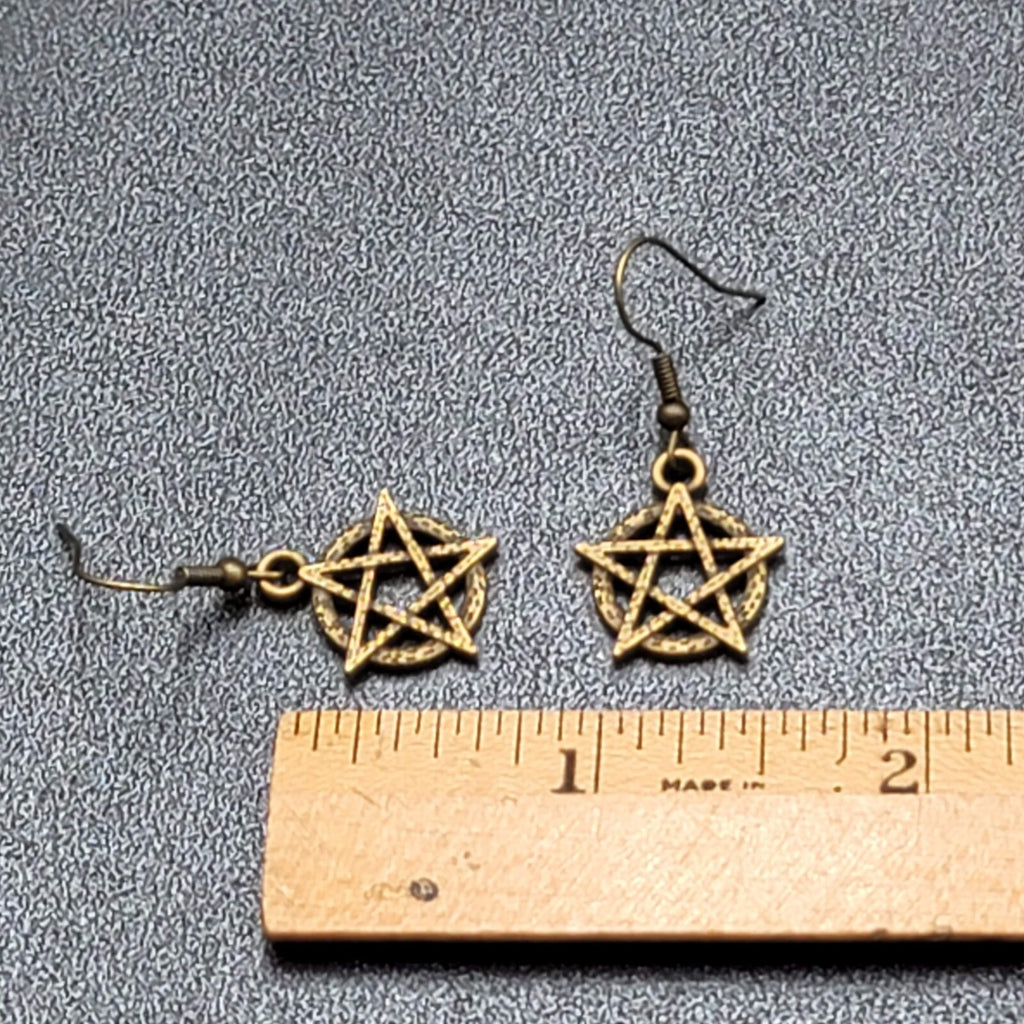 New Pentagram Circle Pierced Earrings Bronze tone Dangle 3/4"