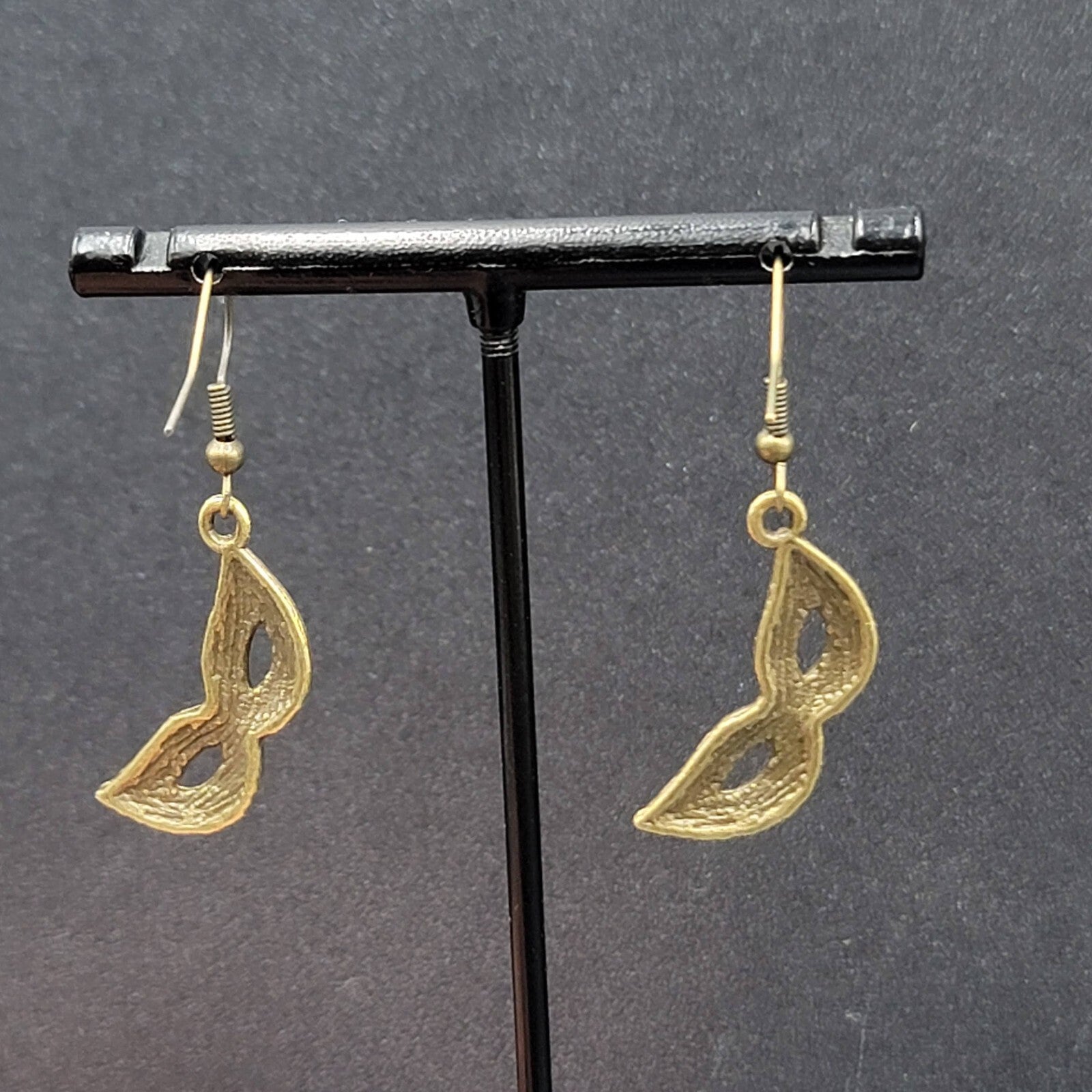 Masquerade Mask Pierced Earrings Bronze tone Metal Embossed Dots Dangle  1"