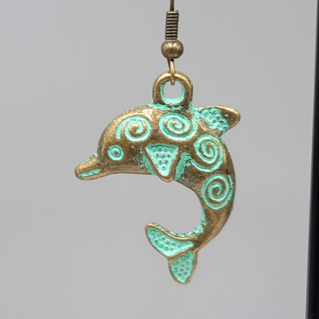 Dolphin Beach Sea life Pierced Earrings Bronze tone Green wash Dangle 1.25"