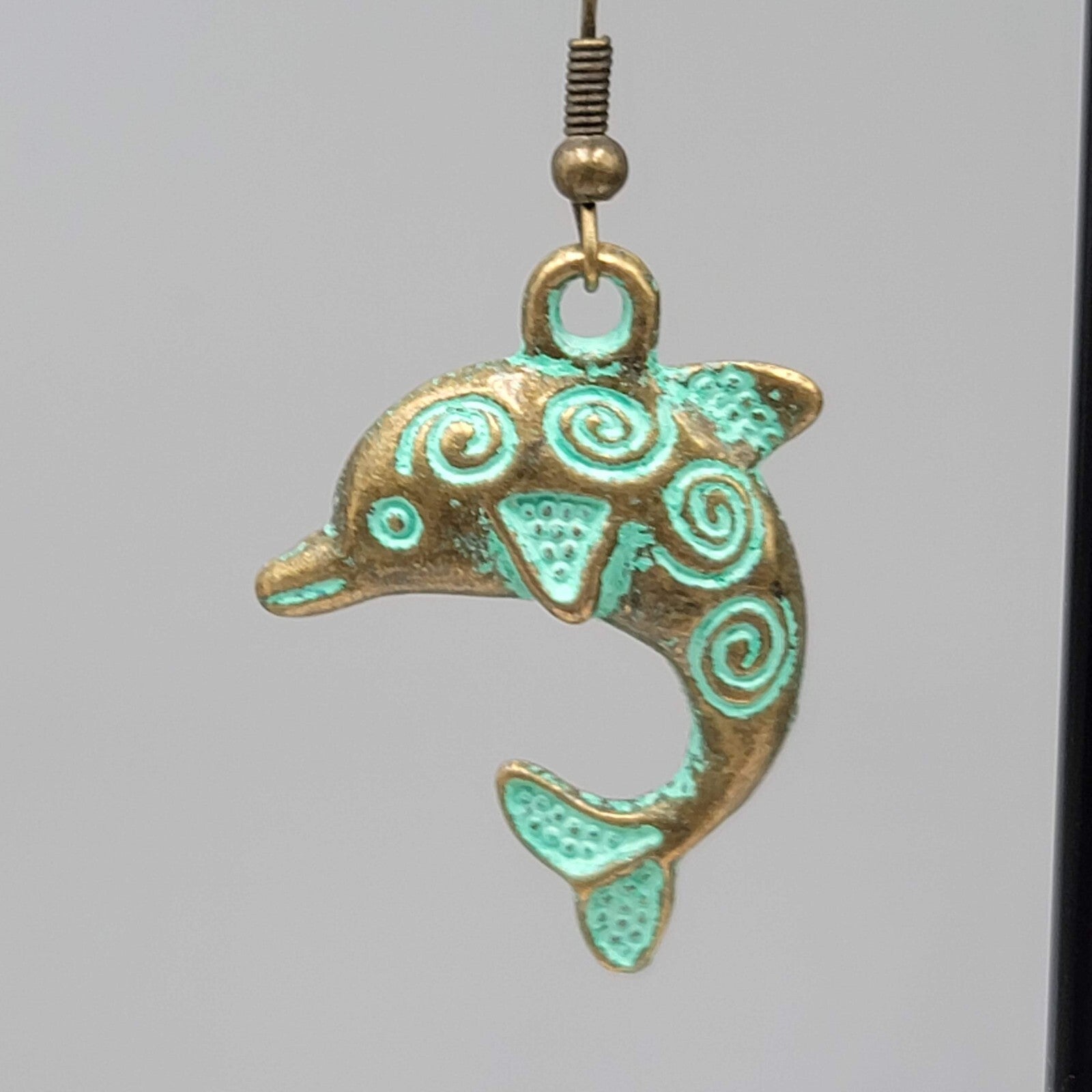 Dolphin Beach Sea life Pierced Earrings Bronze tone Green wash Dangle 1.25"