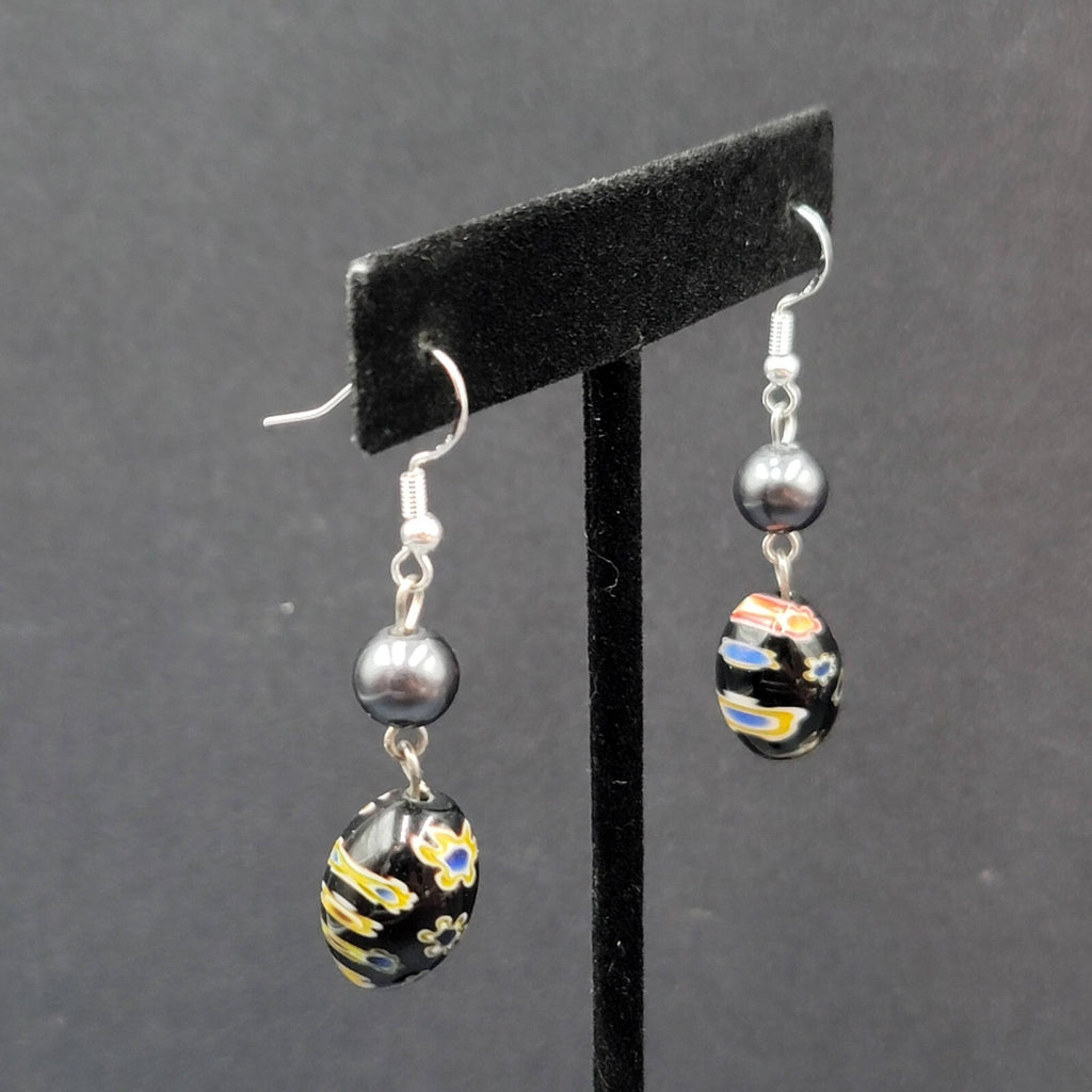 Pierced Earrings Sterling Silver Hooks Black Flower Art Glass Beads 1.25"
