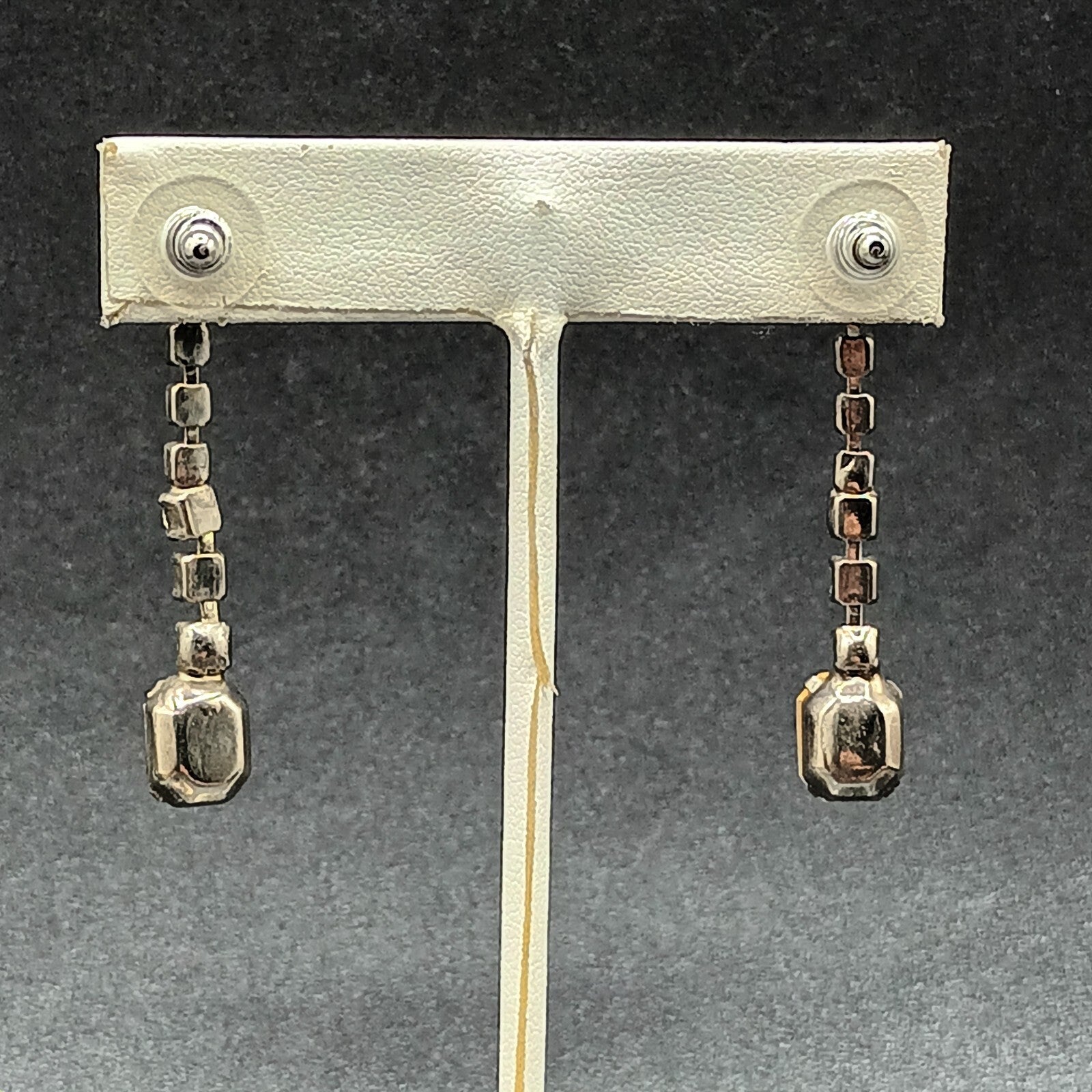 Pierced Earrings Silver tone Rhinestone Retro Dangle 1 3/4"