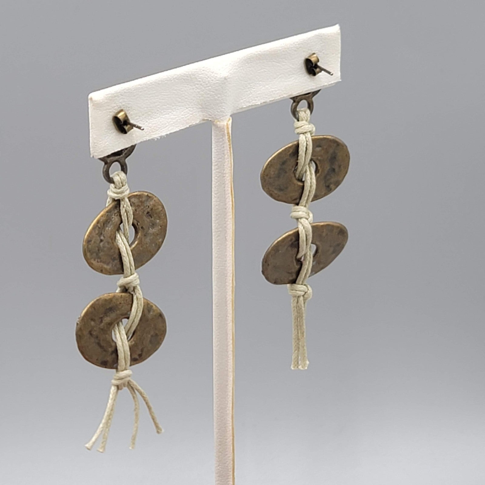 Bronze tone Drop Pierced Earrings Beige Cord Boho 3 in