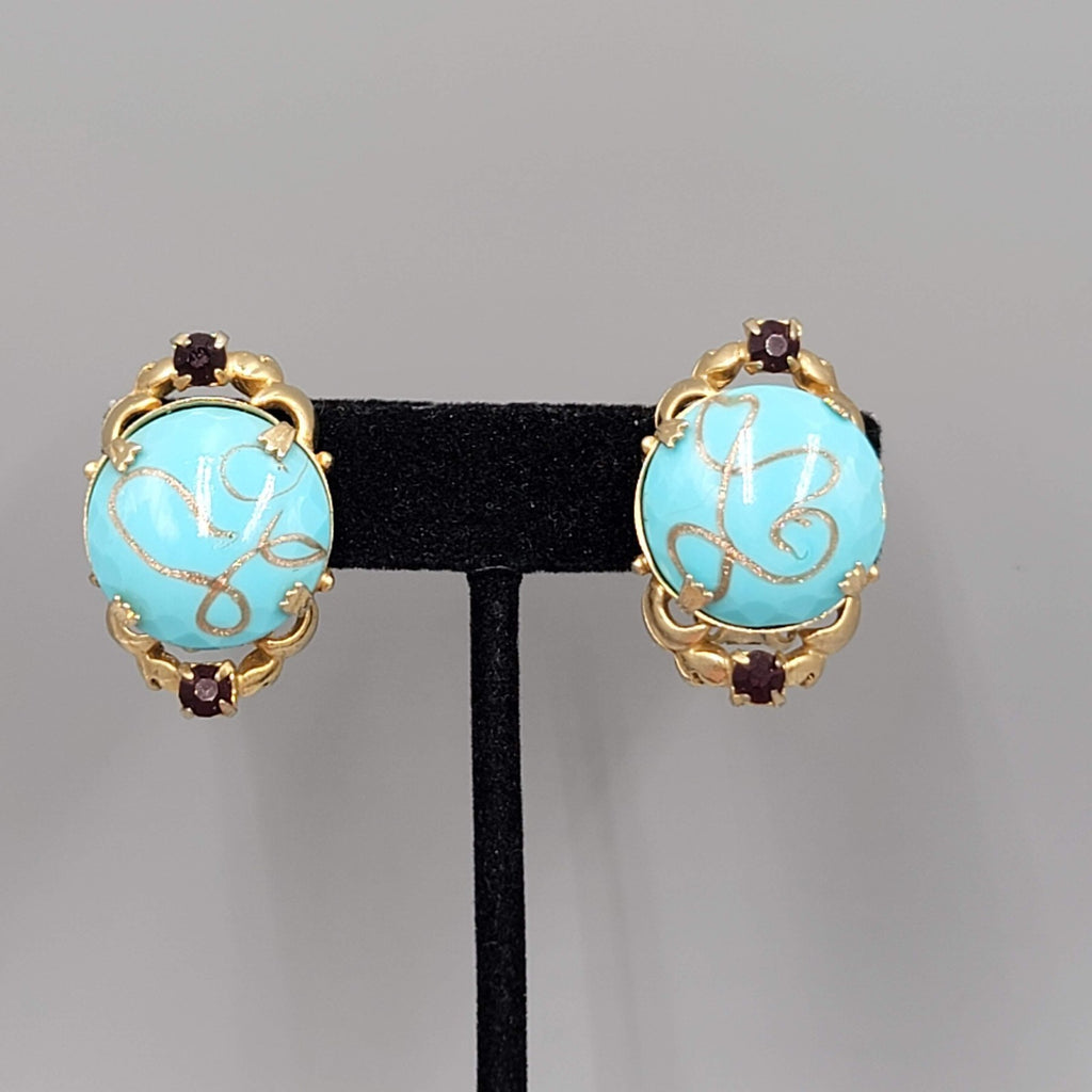 Vintage Blue Art Glass Clip on Earrings Gold tone Black Rhinestone 1.25 in