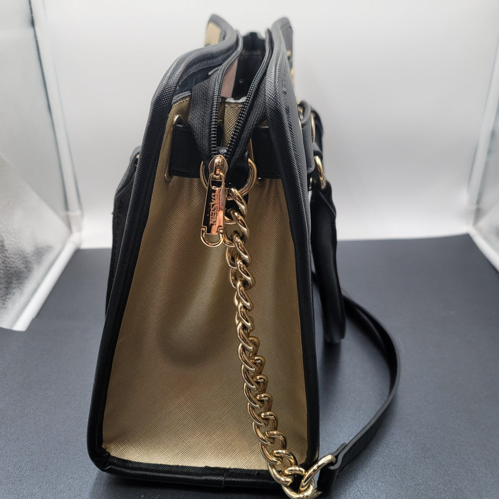 Dasein Womens Fashion Large Faux Leather Satchel Handbag Floral Black Gold tone
