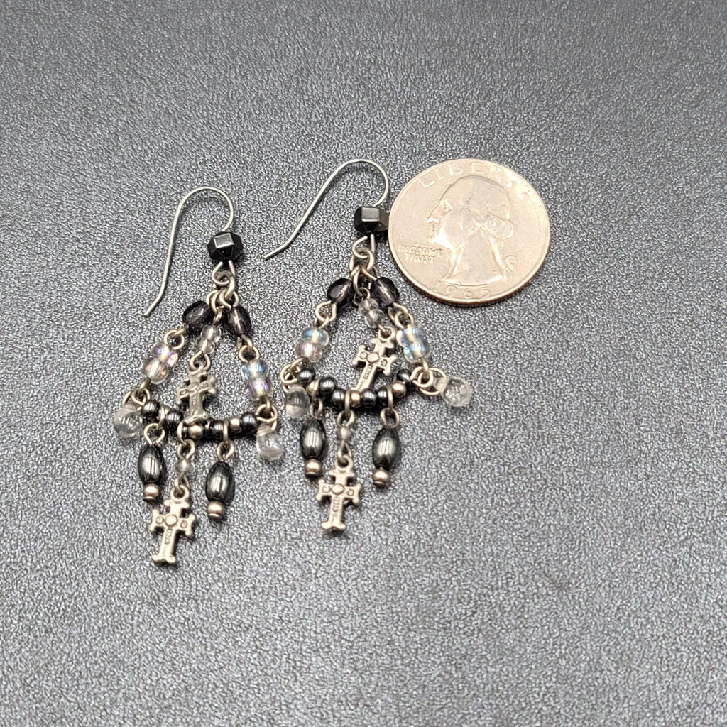 Pierced Earrings Silver tone Black Hematite AB Cross Chandelier Beads 1.75"