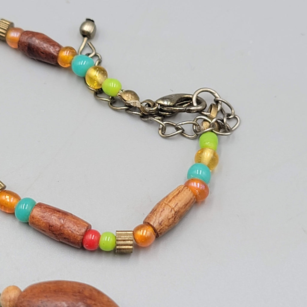 Wood Bead Artisan Necklace Multicolor Glass Spacers 18" Adj