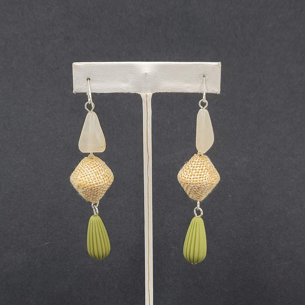 Boho Pierced Earrings Silver tone Acrylic Bead Canvas Dangle 3"