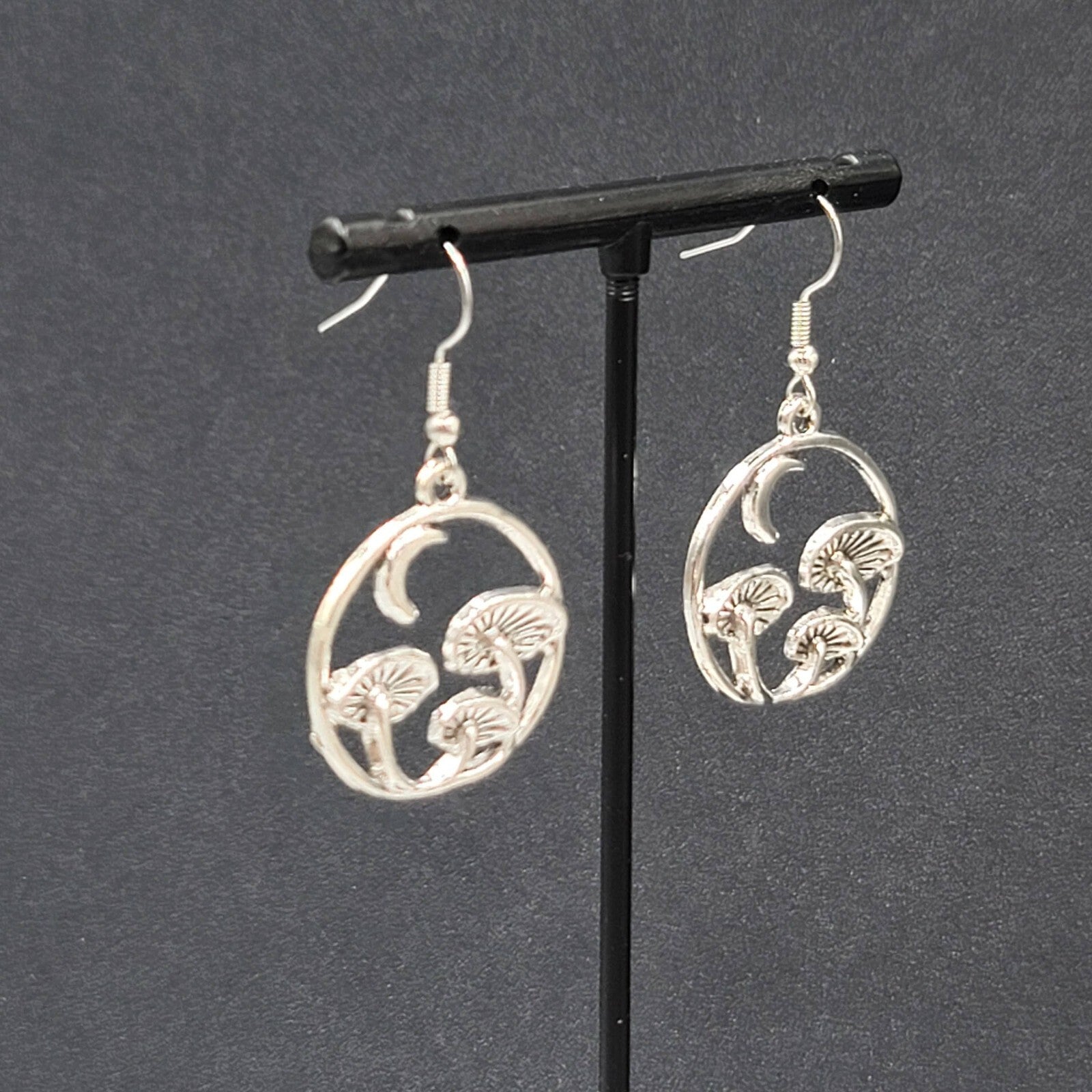 Mushroom Pierced Earrings New Silver tone Round Dangle 1"