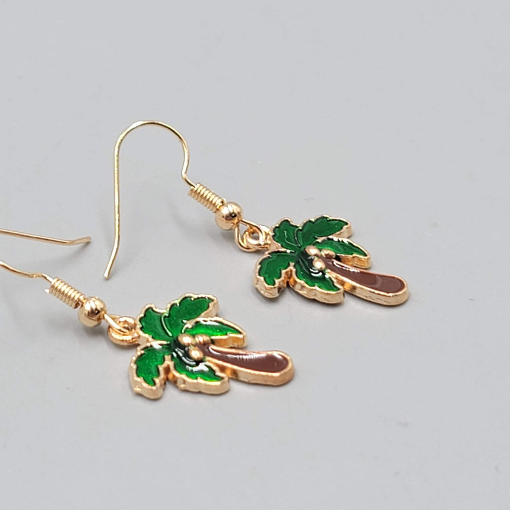 Enamel Palm Tree Pierced Earrings Gold tone Dangle Brown Trunk 3/4"