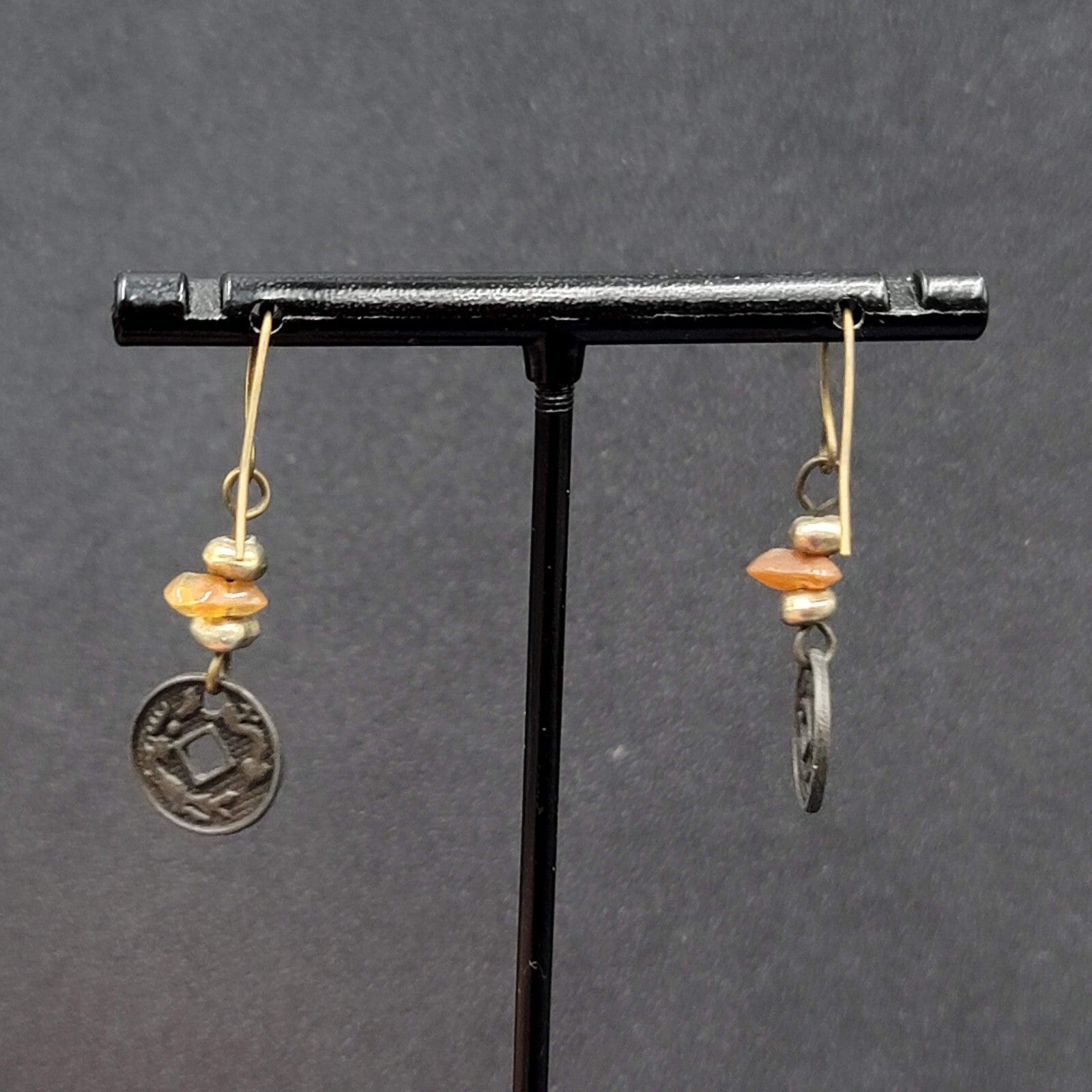 Pierced Earrings Beaded Asian Coin Dangle 1"