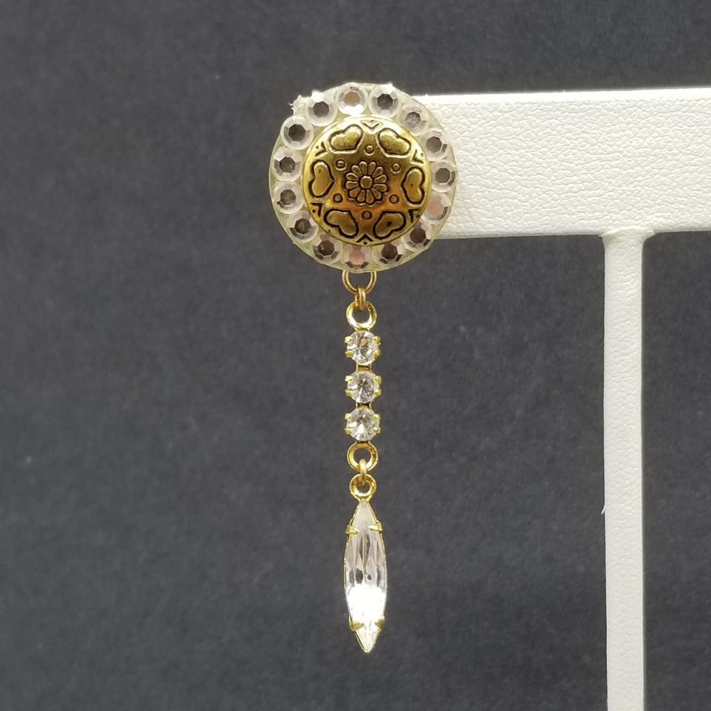Pierced Earrings Gold tone Heart Flower Button Faceted Crystal Dangle 2 1/4"